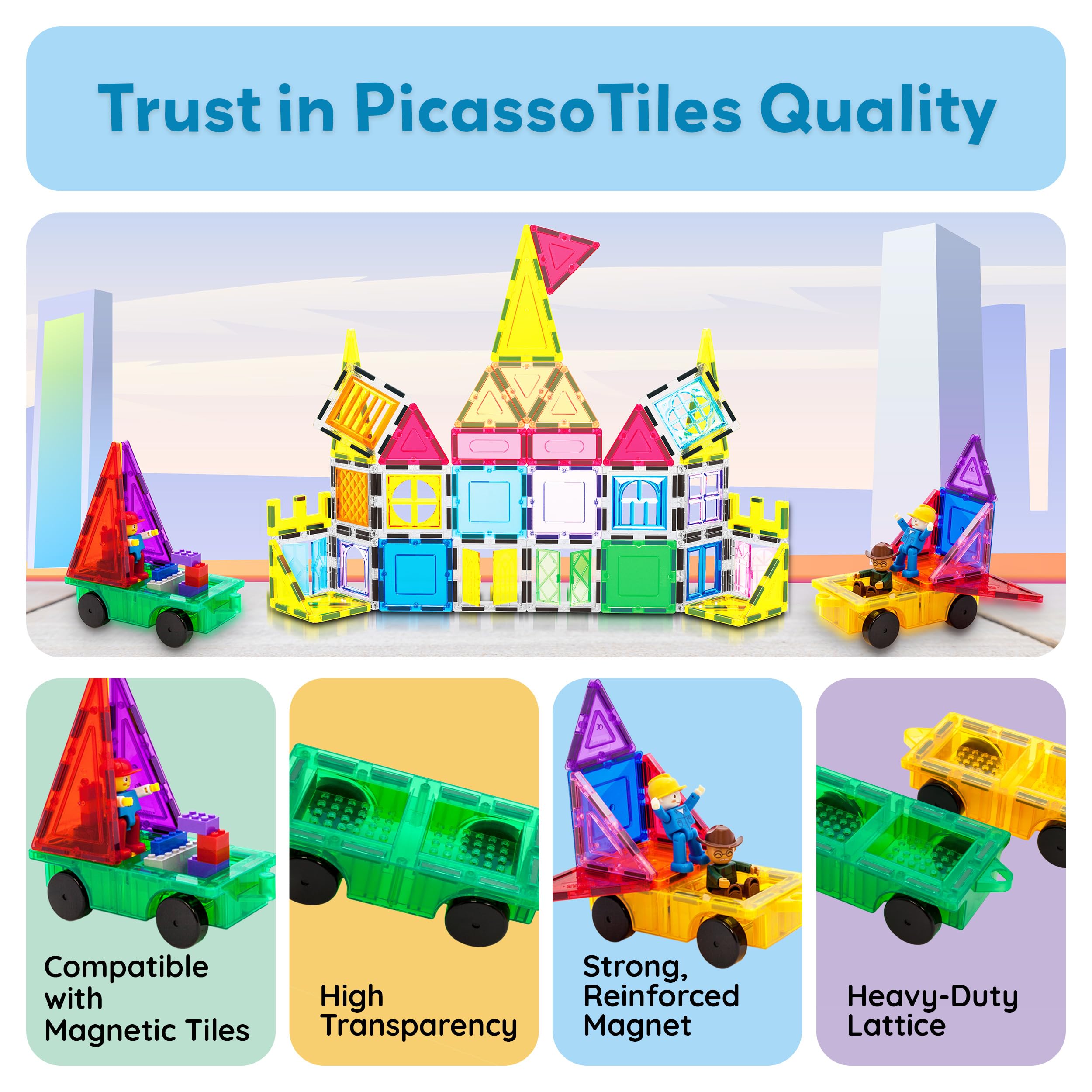 PicassoTiles PT21 2-Piece Magnetic Car Base Set – Compatible with Bricks & Tiles, STEM Toy for Ages 3+