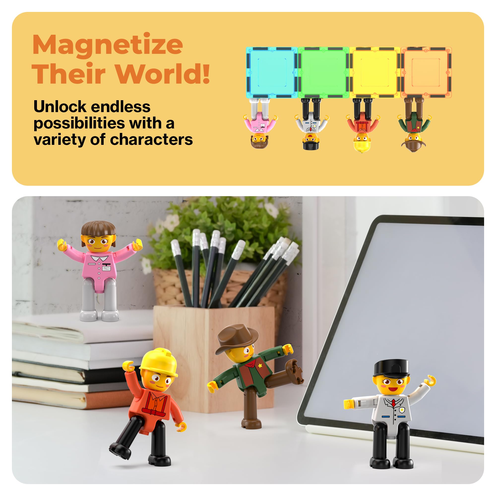 PicassoTiles PTA02 Magnetic Character Action Figures Expansion Pack – 4-Piece Pretend Play Set