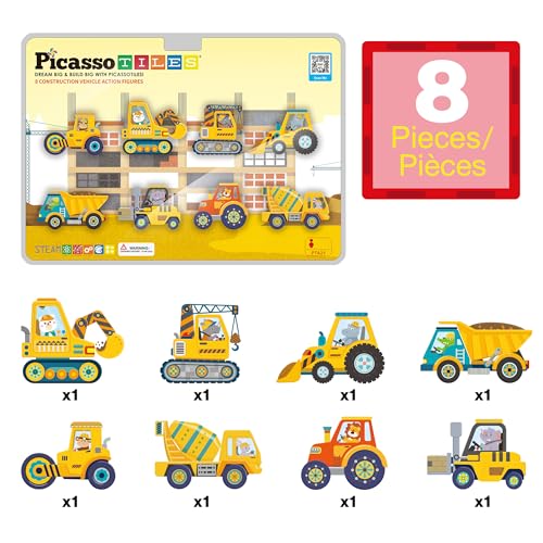 PicassoTiles PTA21 Magnetic Vehicle Add-On Set – 8 Construction Figures with Zoo Animal Drivers, Compatible with Magnetic Tiles