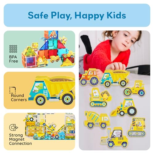 PicassoTiles PTA21 Magnetic Vehicle Add-On Set – 8 Construction Figures with Zoo Animal Drivers, Compatible with Magnetic Tiles