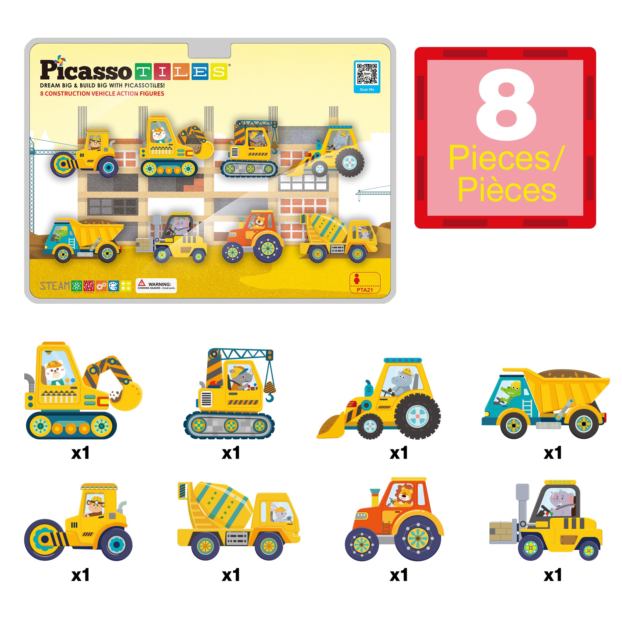 PicassoTiles PTA21 Magnetic Vehicle Add-On Set – 8 Construction Figures with Zoo Animal Drivers, Compatible with Magnetic Tiles