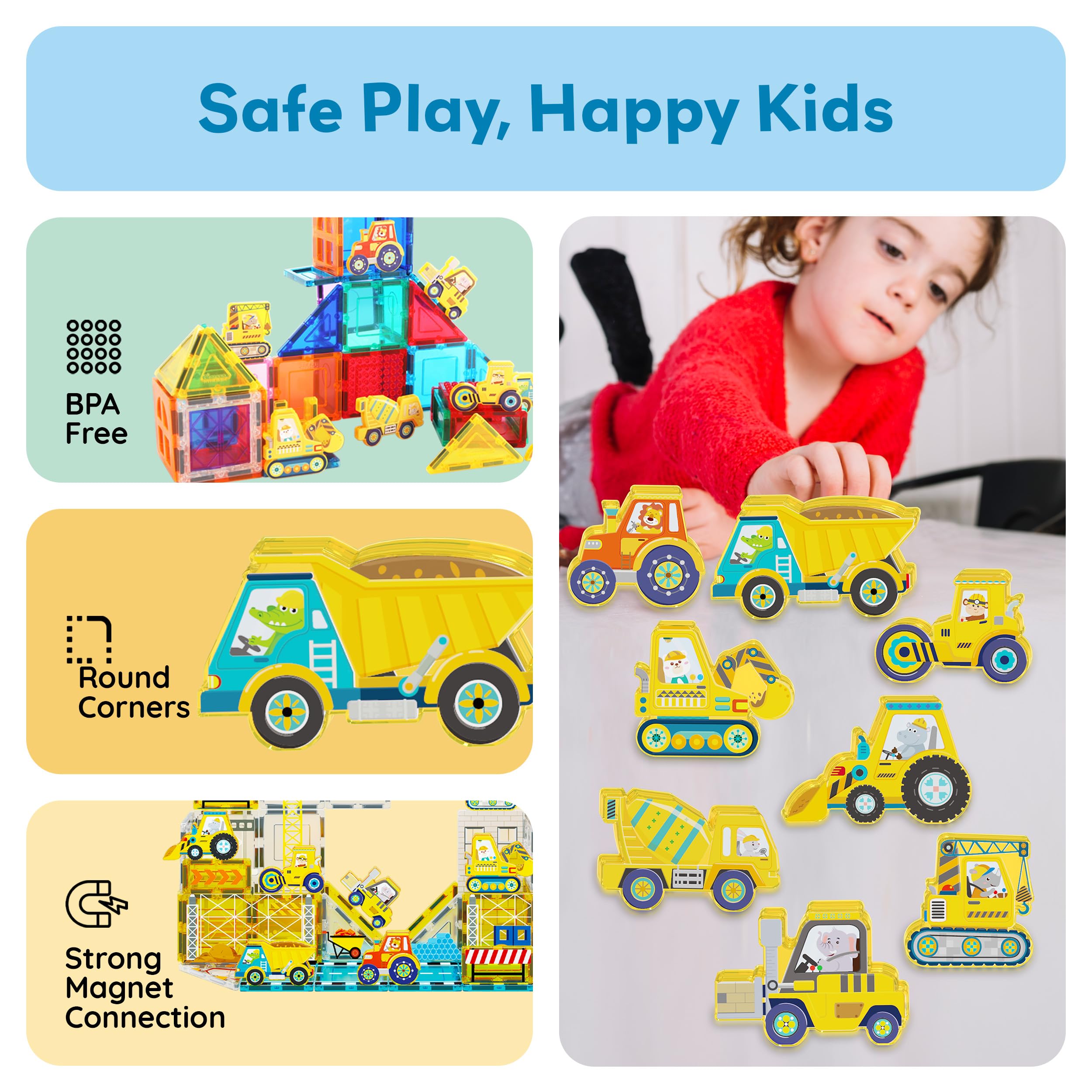 PicassoTiles PTA21 Magnetic Vehicle Add-On Set – 8 Construction Figures with Zoo Animal Drivers, Compatible with Magnetic Tiles