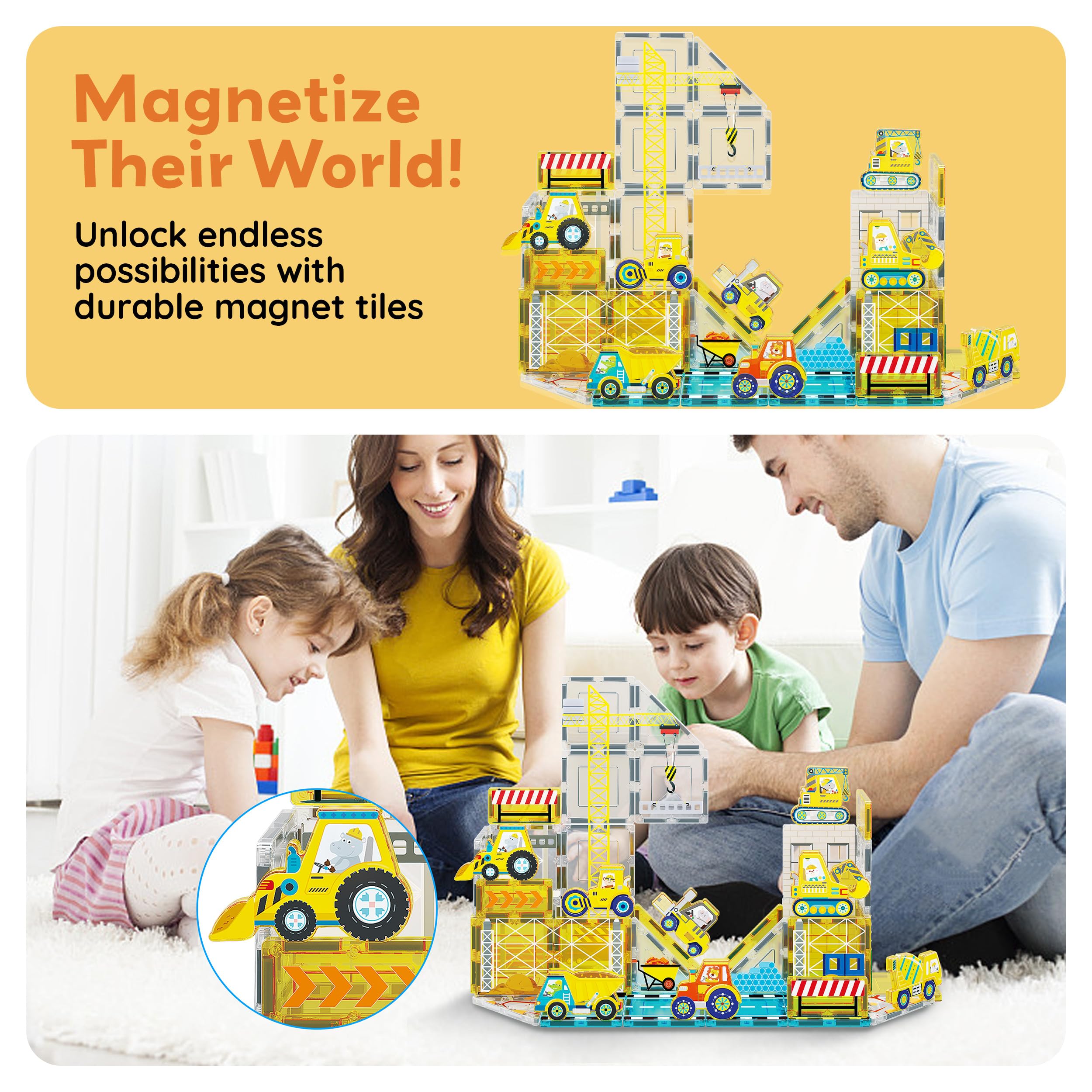 PicassoTiles PTA21 Magnetic Vehicle Add-On Set – 8 Construction Figures with Zoo Animal Drivers, Compatible with Magnetic Tiles