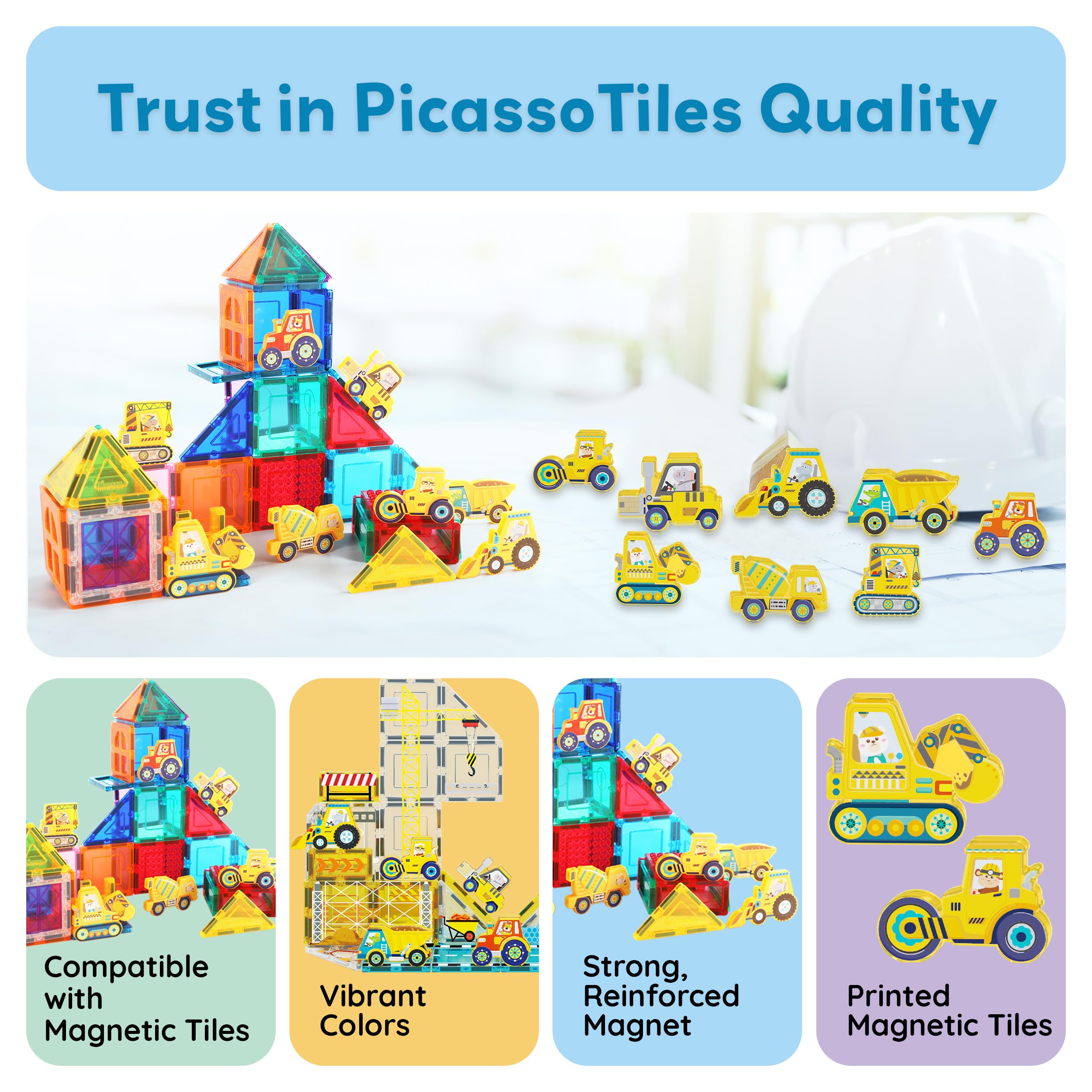 PicassoTiles PTA21 Magnetic Vehicle Add-On Set – 8 Construction Figures with Zoo Animal Drivers, Compatible with Magnetic Tiles