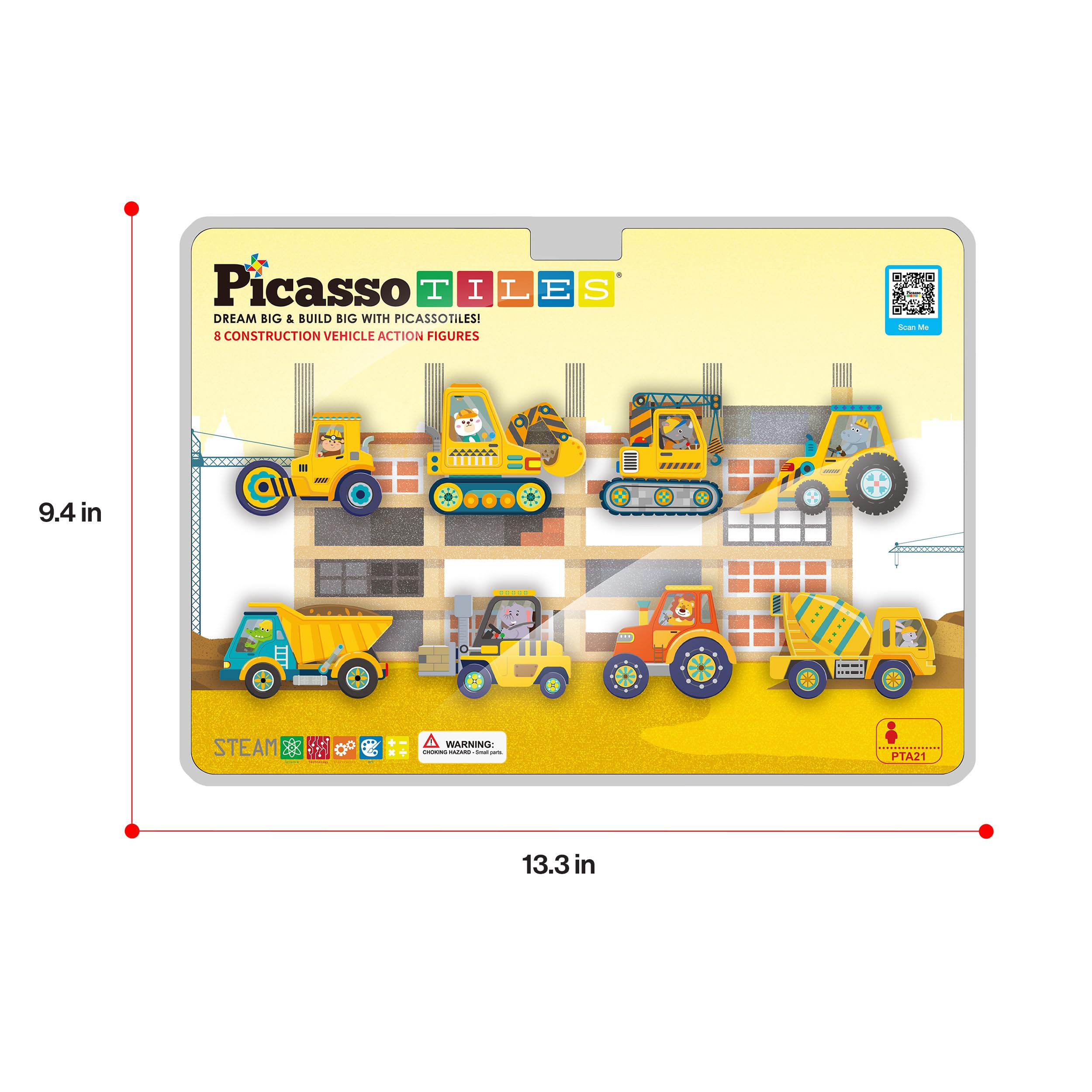 PicassoTiles PTA21 Magnetic Vehicle Add-On Set – 8 Construction Figures with Zoo Animal Drivers, Compatible with Magnetic Tiles