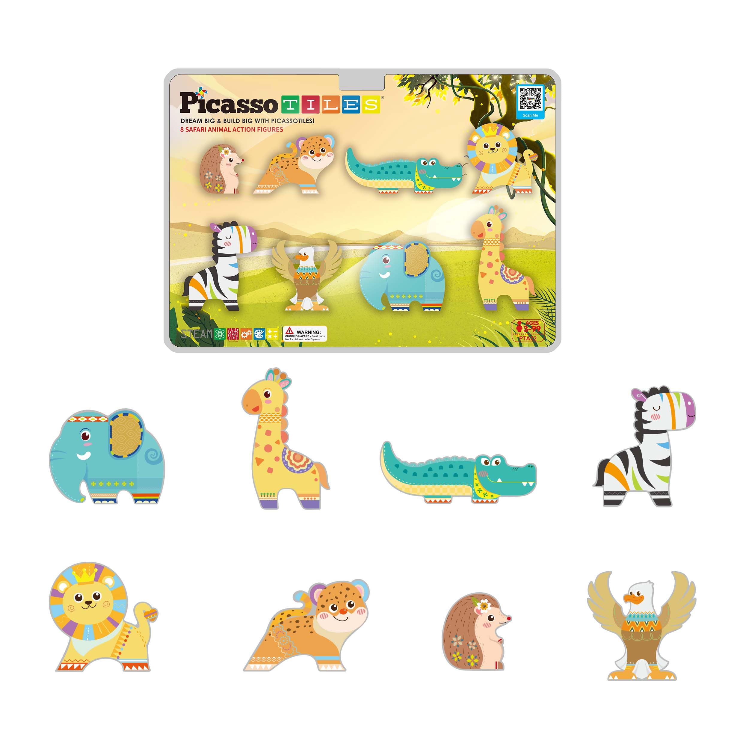 PicassoTiles PTA22 Safari Animal Magnetized Action Figures - 8 Piece Add-On Set for Magnetic Building Tiles, STEAM Toy for Ages 3+