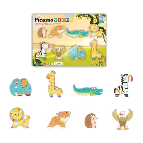 PicassoTiles PTA22 Safari Animal Magnetized Action Figures - 8 Piece Add-On Set for Magnetic Building Tiles, STEAM Toy for Ages 3+