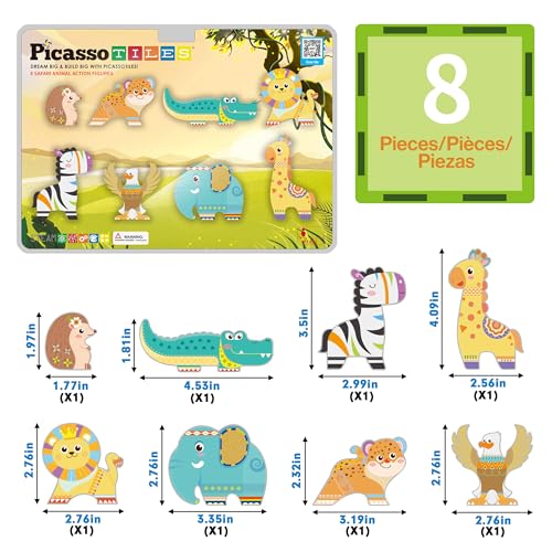 PicassoTiles PTA22 Safari Animal Magnetized Action Figures - 8 Piece Add-On Set for Magnetic Building Tiles, STEAM Toy for Ages 3+