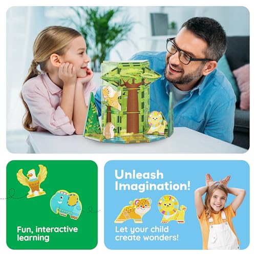 PicassoTiles PTA22 Safari Animal Magnetized Action Figures - 8 Piece Add-On Set for Magnetic Building Tiles, STEAM Toy for Ages 3+
