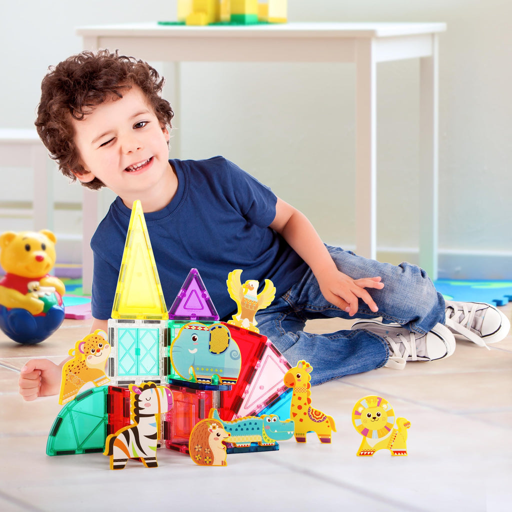PicassoTiles PTA22 Safari Animal Magnetized Action Figures - 8 Piece Add-On Set for Magnetic Building Tiles, STEAM Toy for Ages 3+