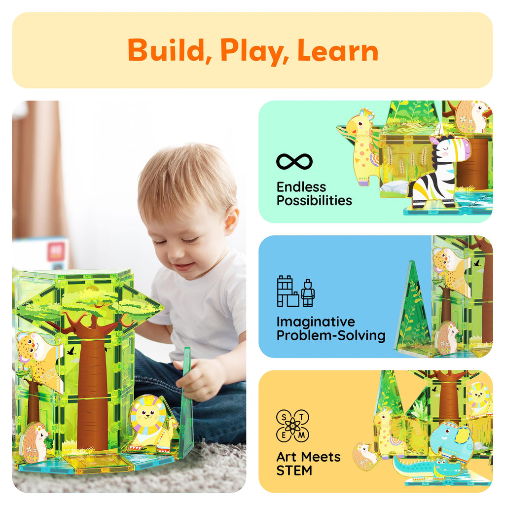 PicassoTiles PTA22 Safari Animal Magnetized Action Figures - 8 Piece Add-On Set for Magnetic Building Tiles, STEAM Toy for Ages 3+