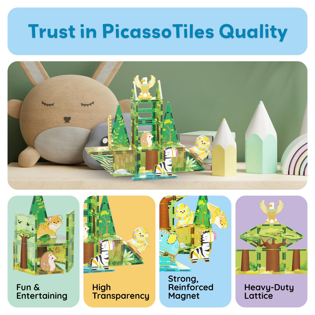 PicassoTiles PTA22 Safari Animal Magnetized Action Figures - 8 Piece Add-On Set for Magnetic Building Tiles, STEAM Toy for Ages 3+