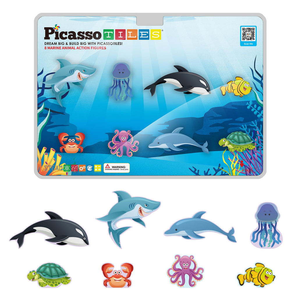 PicassoTiles PTA25 8-Piece Marine Animal Magnetic Action Figures Set – Compatible with Building Tiles, STEAM Toy for Kids 3+