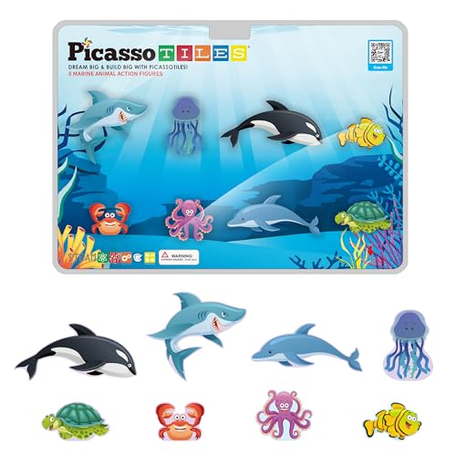 PicassoTiles PTA25 8-Piece Marine Animal Magnetic Action Figures Set – Compatible with Building Tiles, STEAM Toy for Kids 3+