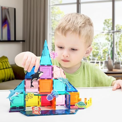 PicassoTiles PTA25 8-Piece Marine Animal Magnetic Action Figures Set – Compatible with Building Tiles, STEAM Toy for Kids 3+