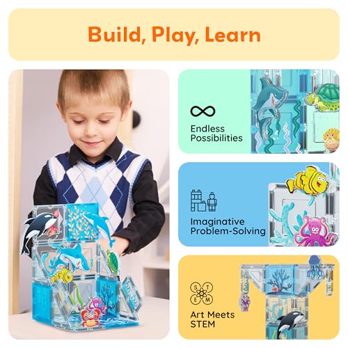 PicassoTiles PTA25 8-Piece Marine Animal Magnetic Action Figures Set – Compatible with Building Tiles, STEAM Toy for Kids 3+