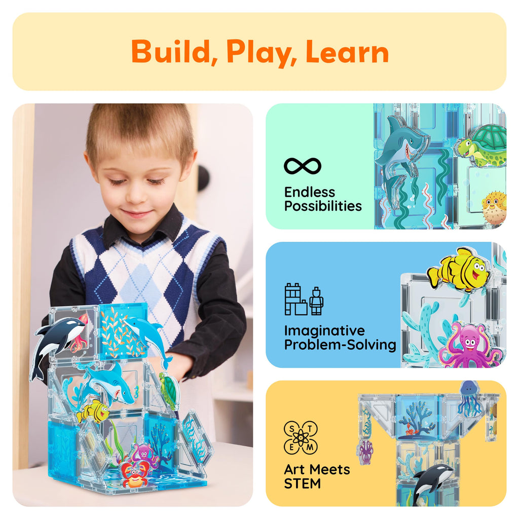 PicassoTiles PTA25 8-Piece Marine Animal Magnetic Action Figures Set – Compatible with Building Tiles, STEAM Toy for Kids 3+