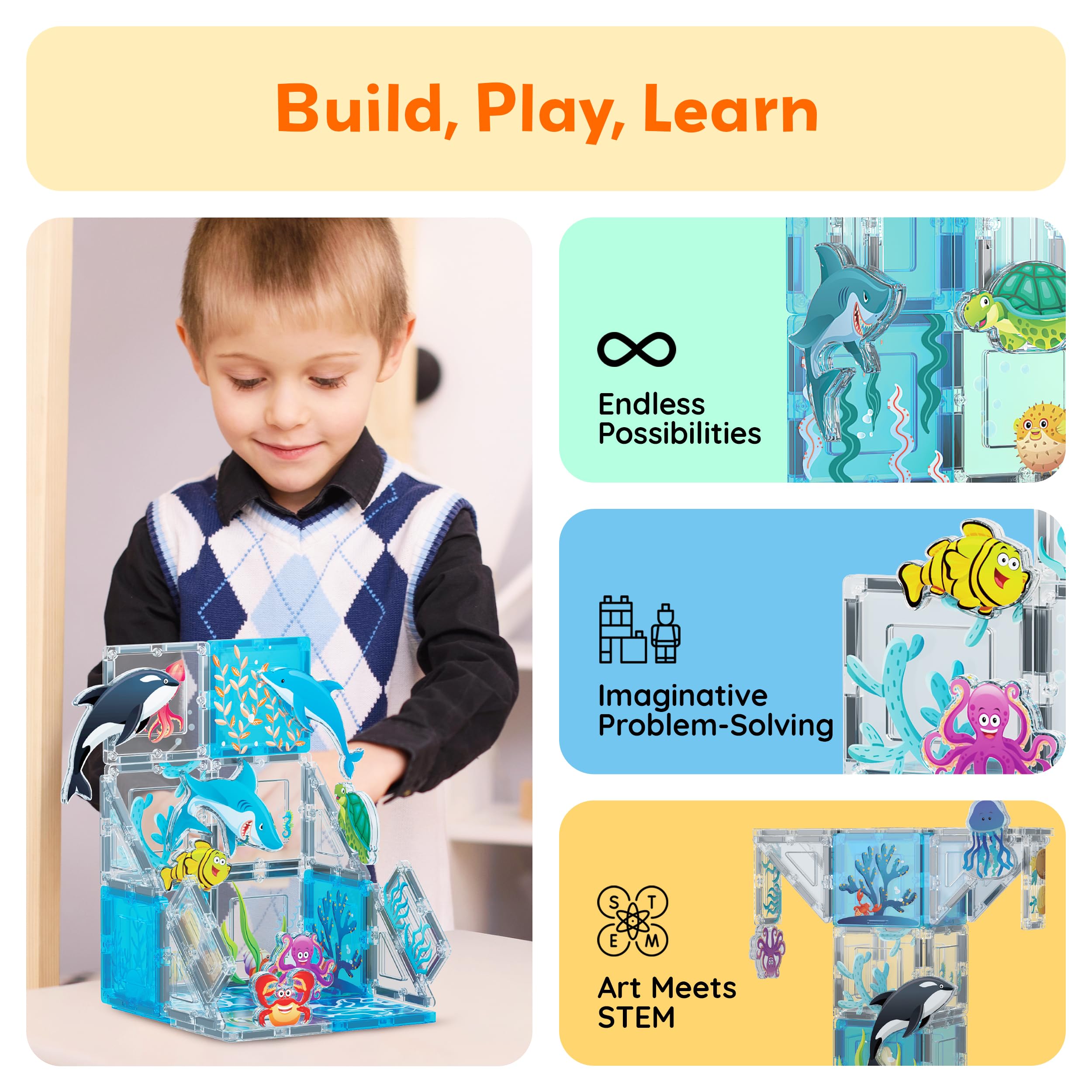 PicassoTiles PTA25 8-Piece Marine Animal Magnetic Action Figures Set – Compatible with Building Tiles, STEAM Toy for Kids 3+