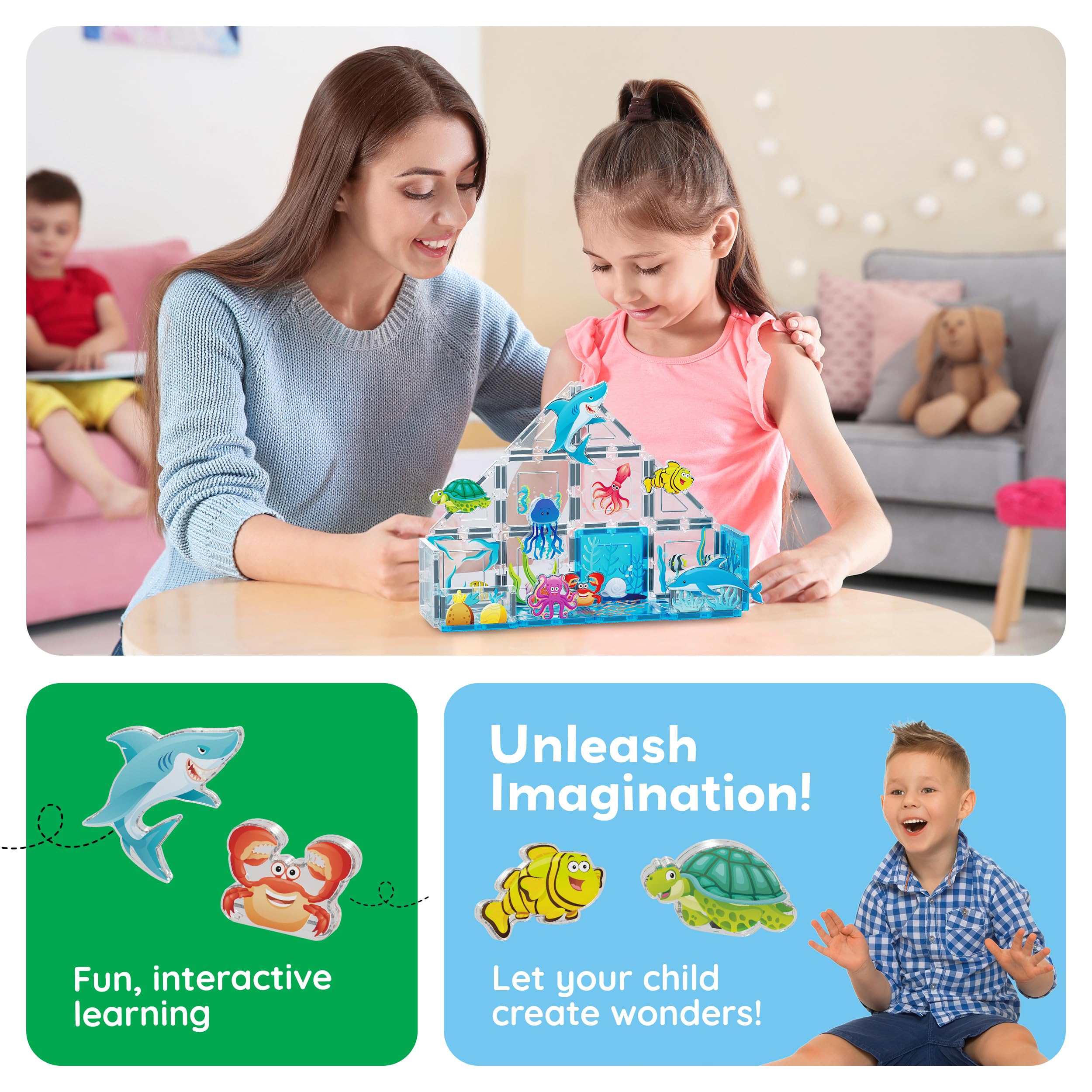 PicassoTiles PTA25 8-Piece Marine Animal Magnetic Action Figures Set – Compatible with Building Tiles, STEAM Toy for Kids 3+