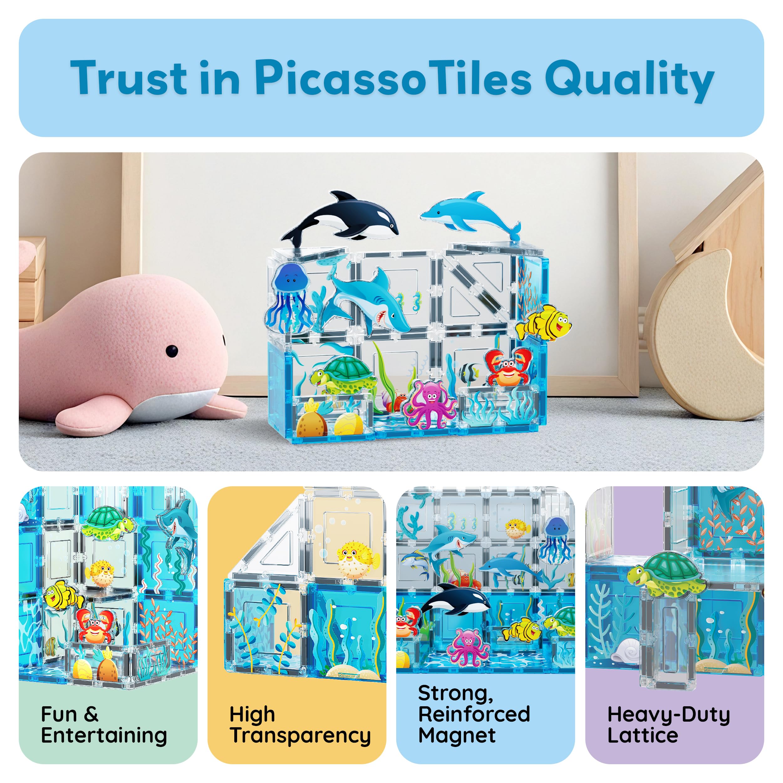 PicassoTiles PTA25 8-Piece Marine Animal Magnetic Action Figures Set – Compatible with Building Tiles, STEAM Toy for Kids 3+