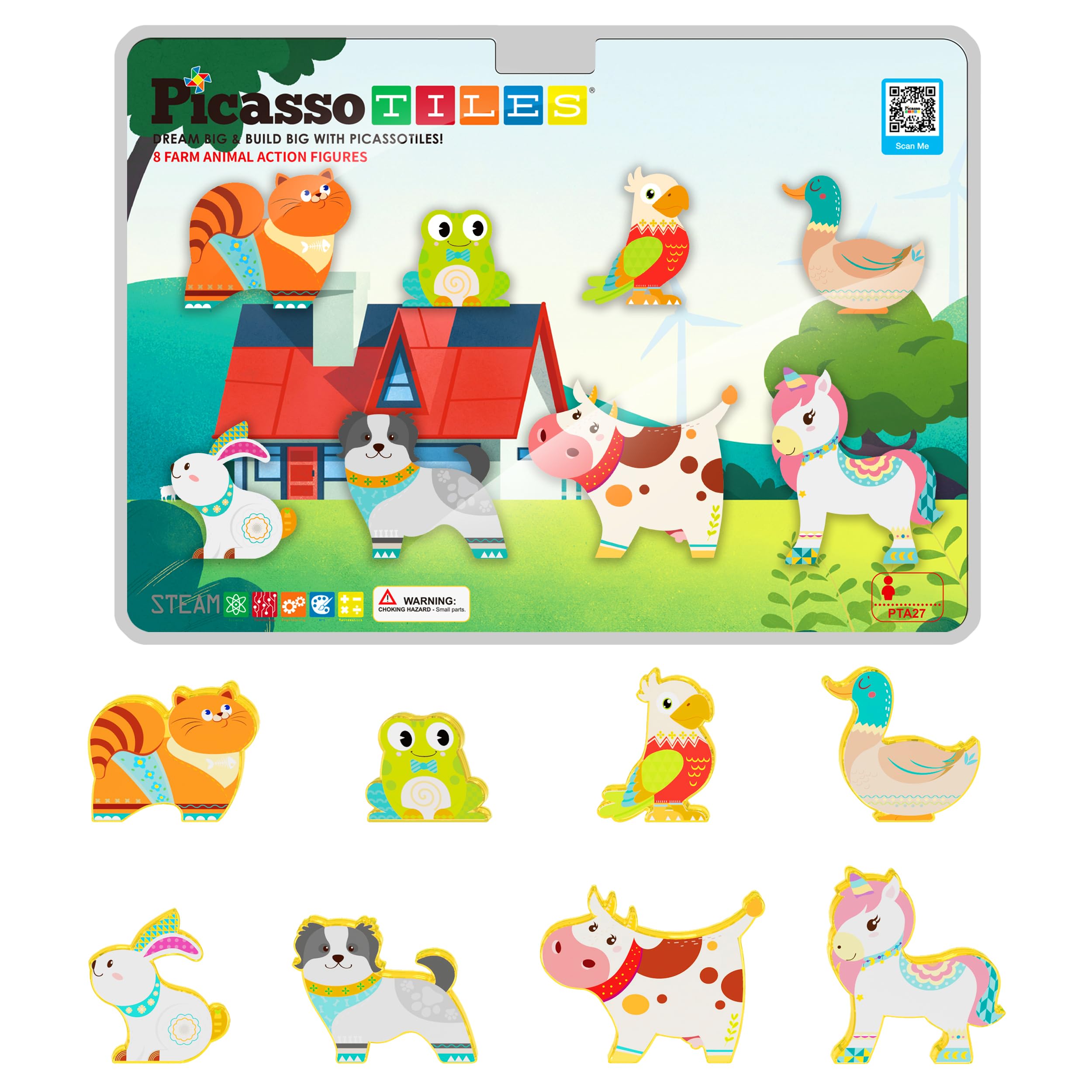 PicassoTiles PTA27 8-Piece Magnetic Farm Animal Figures – Add-On Set for Magnetic Tiles
