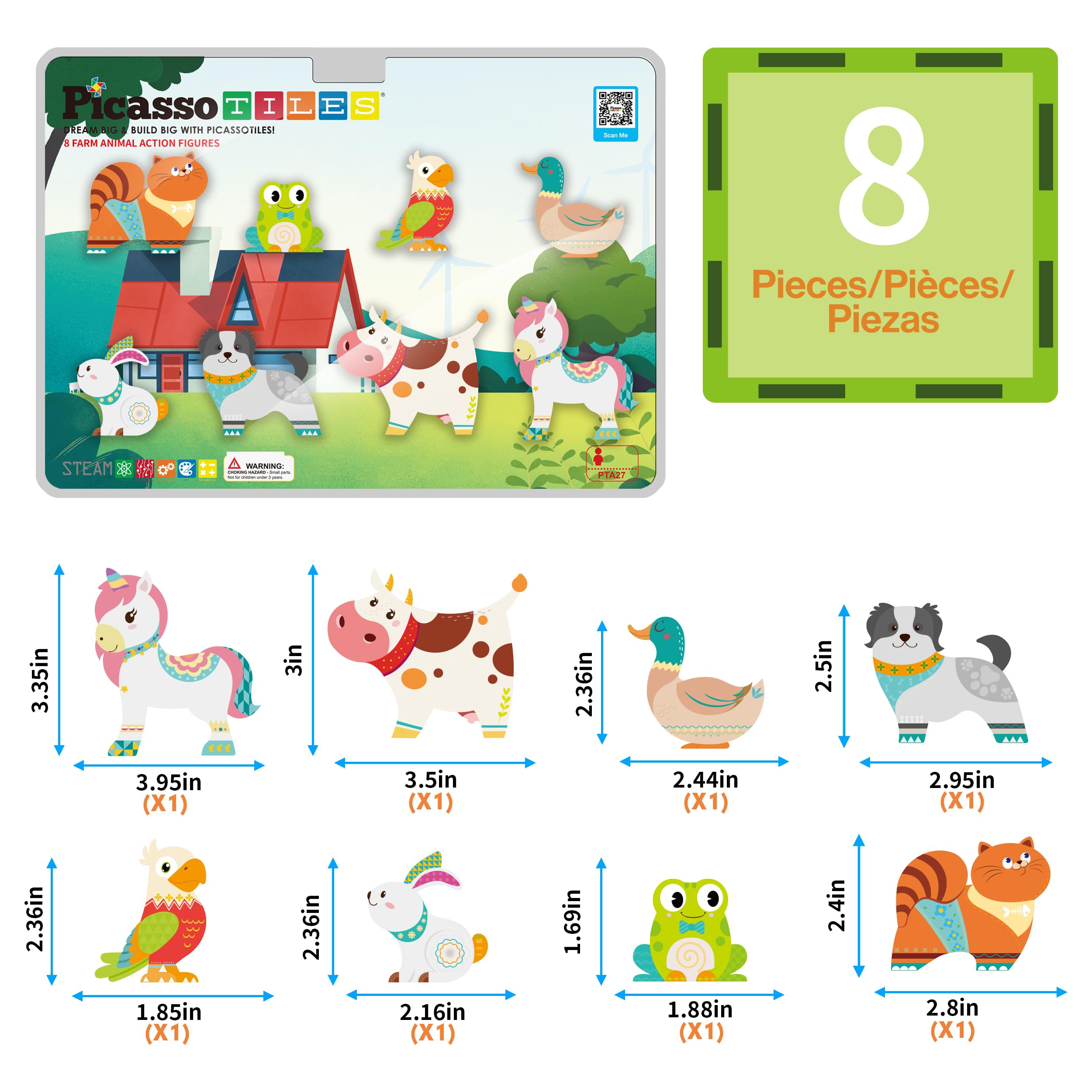 PicassoTiles PTA27 8-Piece Magnetic Farm Animal Figures – Add-On Set for Magnetic Tiles