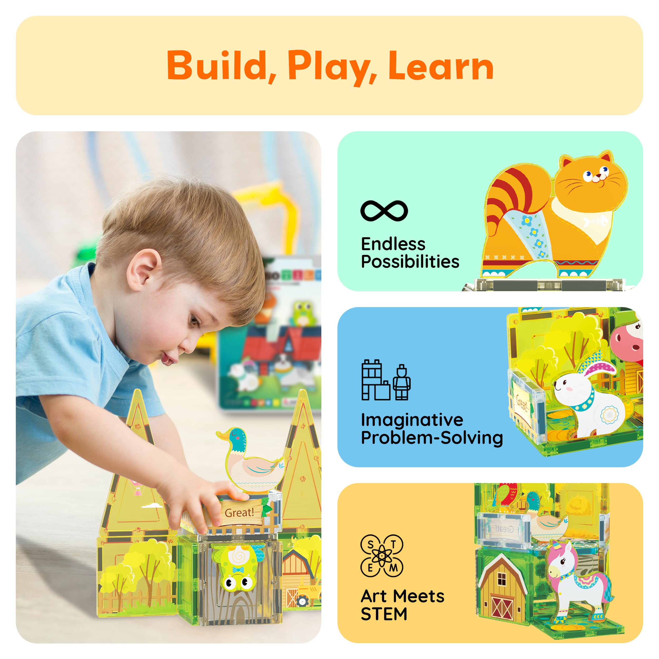 PicassoTiles PTA27 8-Piece Magnetic Farm Animal Figures – Add-On Set for Magnetic Tiles