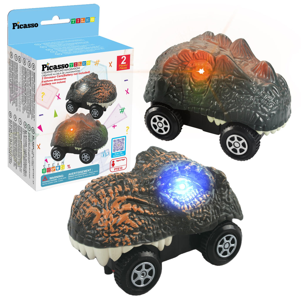 PicassoTiles PTE10 2-Piece Dinosaur Race Truck Cars for Magnetic Race Tracks, Ages 3+