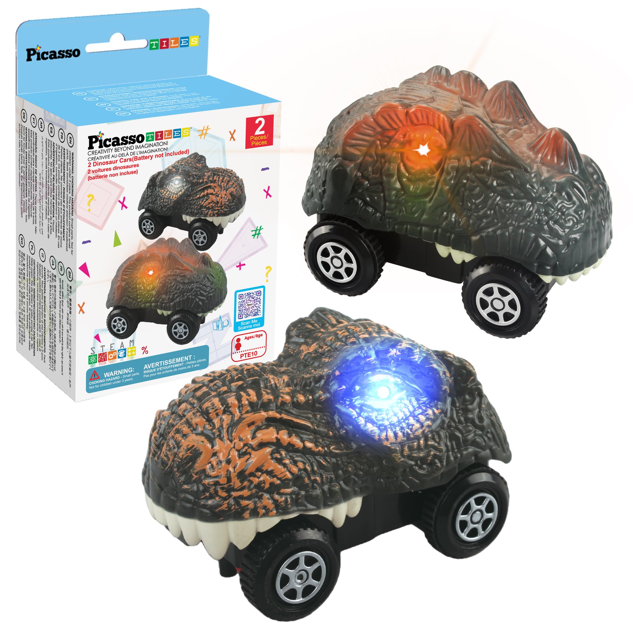 PicassoTiles PTE10 2-Piece Dinosaur Race Truck Cars for Magnetic Race Tracks, Ages 3+