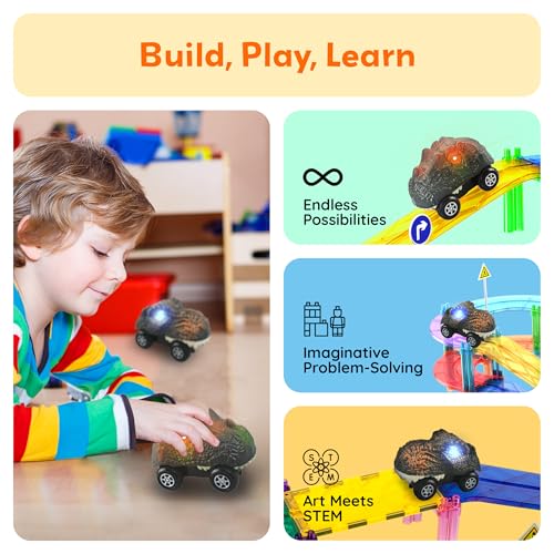 PicassoTiles PTE10 2-Piece Dinosaur Race Truck Cars for Magnetic Race Tracks, Ages 3+