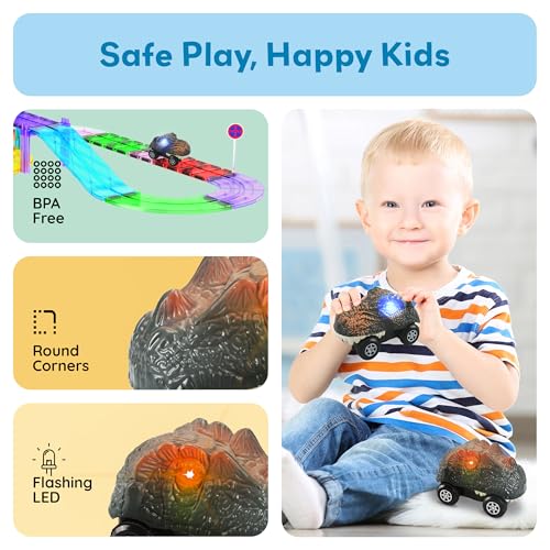 PicassoTiles PTE10 2-Piece Dinosaur Race Truck Cars for Magnetic Race Tracks, Ages 3+