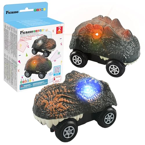 PicassoTiles PTE10 2-Piece Dinosaur Race Truck Cars for Magnetic Race Tracks, Ages 3+