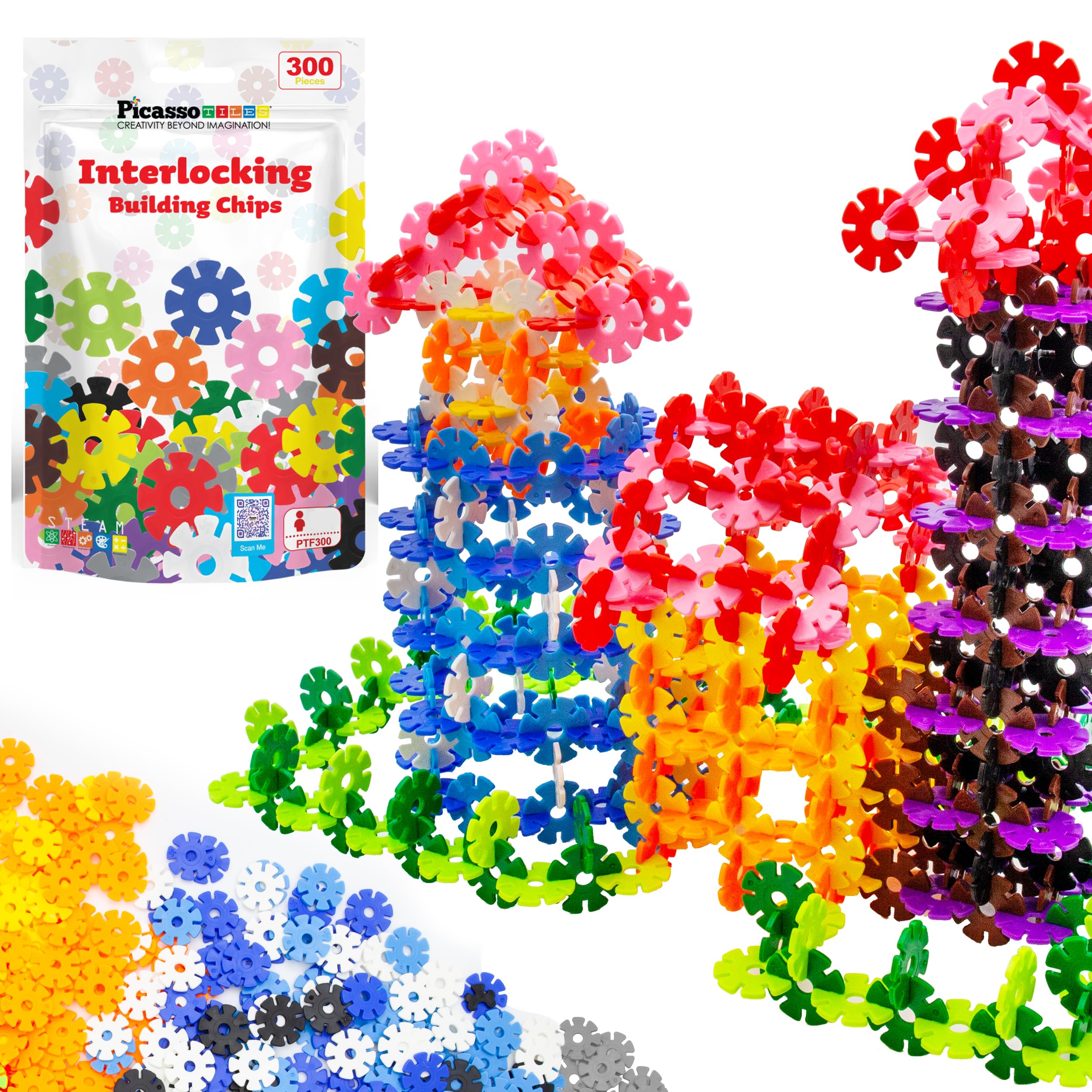 PicassoTiles PTF300 300-Piece Interlocking Disc Building Chips in 12 Colors – STEM Toy for Ages 3+