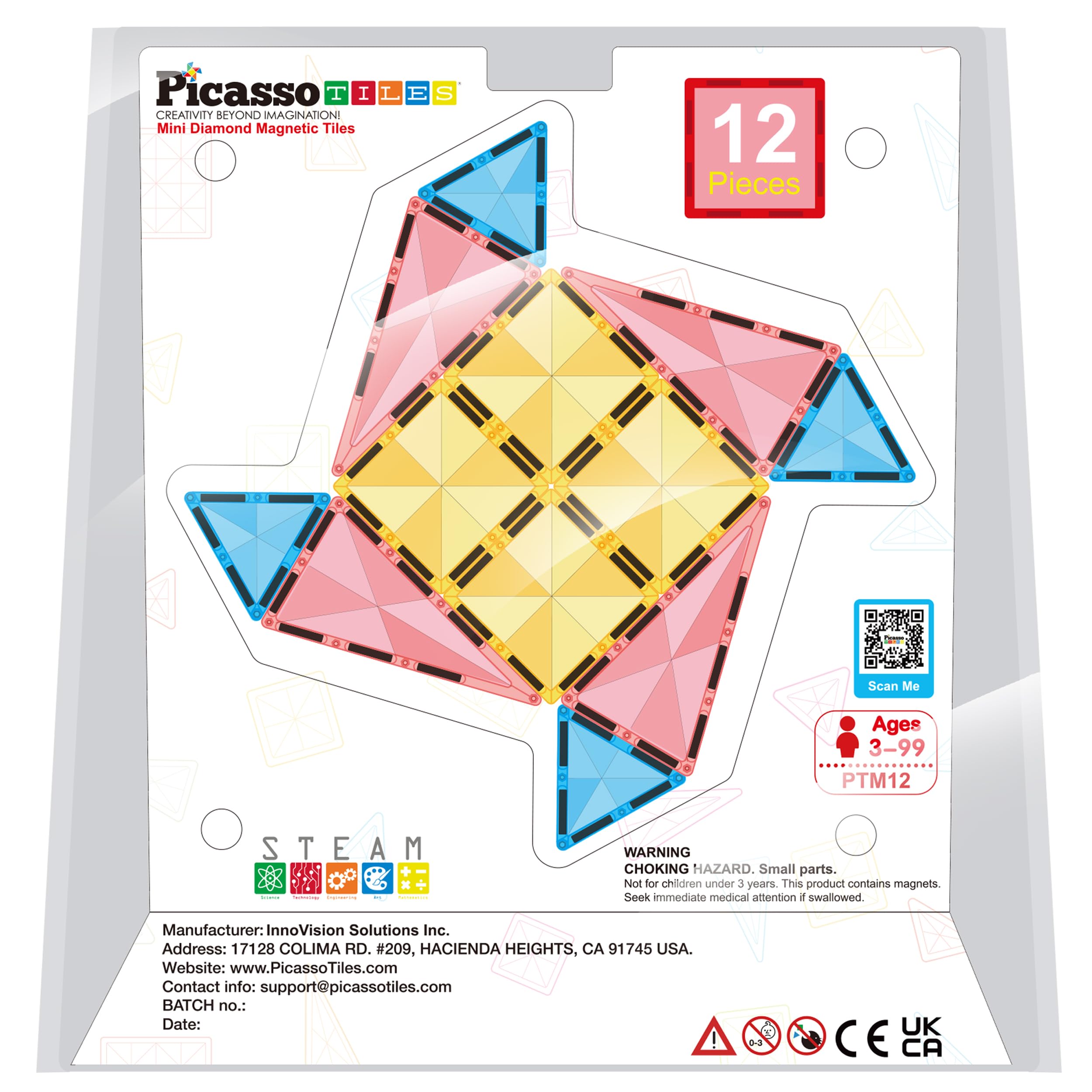 PicassoTiles PTM12 Mini Diamond Series 12-Piece Magnetic Building Blocks – Travel-Friendly STEM Toy for Ages 3+