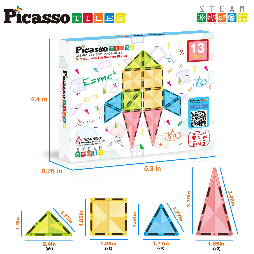PicassoTiles PTM13 Travel Size Mini Diamond Magnetic Building Blocks – 13-Piece STEM Toy Set for Ages 3+