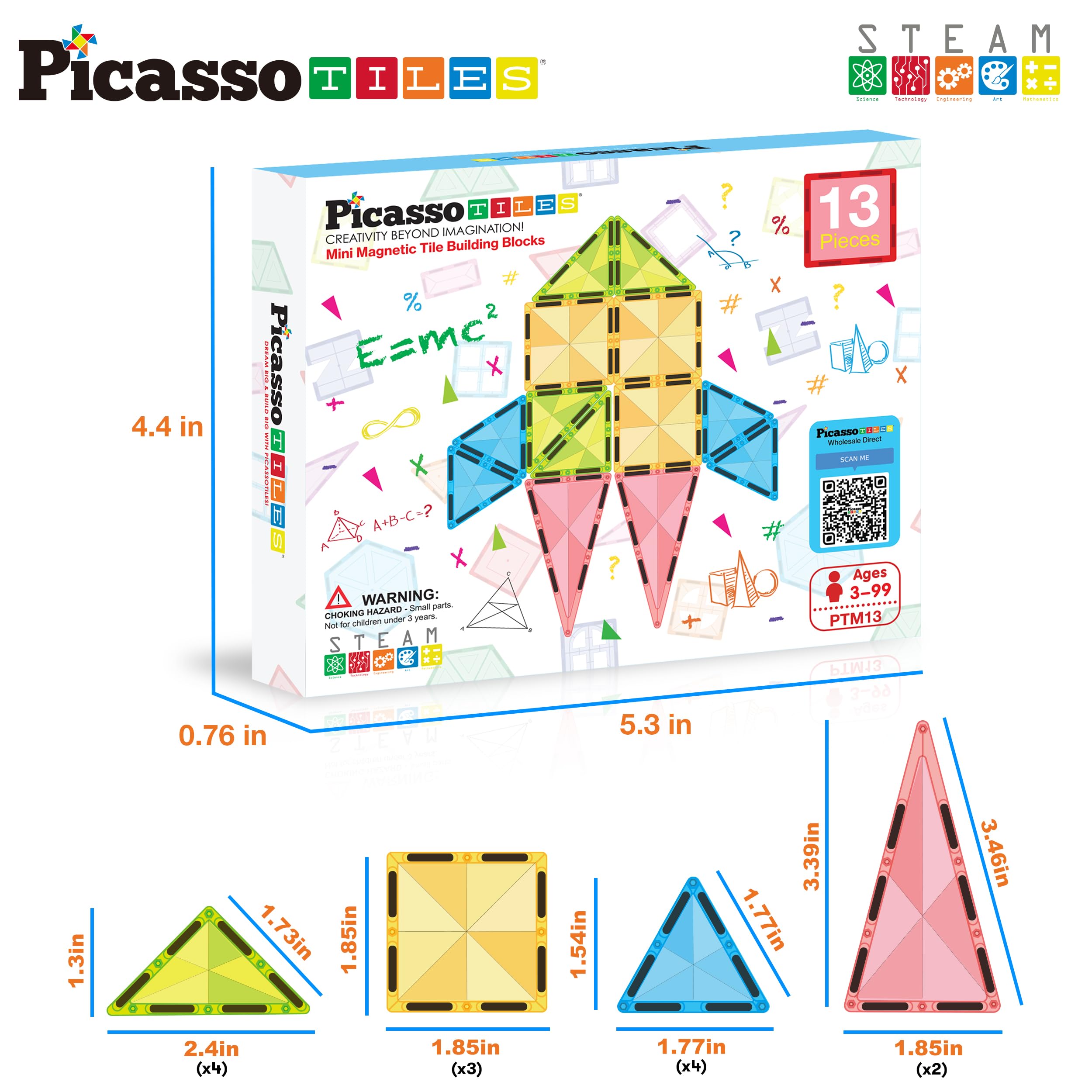 PicassoTiles PTM13 Travel Size Mini Diamond Magnetic Building Blocks – 13-Piece STEM Toy Set for Ages 3+