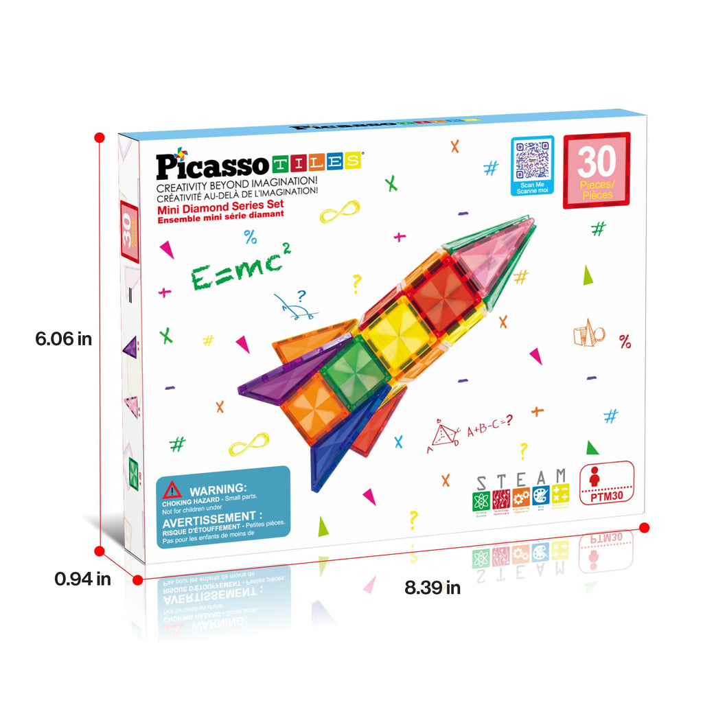 PicassoTiles PTM30 30-Piece Mini Magnetic Tiles Travel Set – STEM Building Toy for Ages 3+