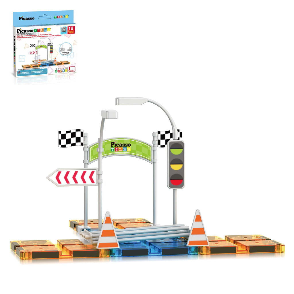 PicassoTiles PTR01 Magnetic Race Track Add-On - 18pc Traffic Sign & Stabilizer Set