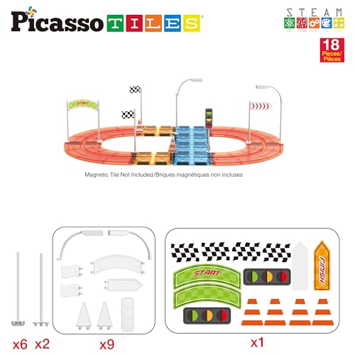 PicassoTiles PTR01 Magnetic Race Track Add-On - 18pc Traffic Sign & Stabilizer Set