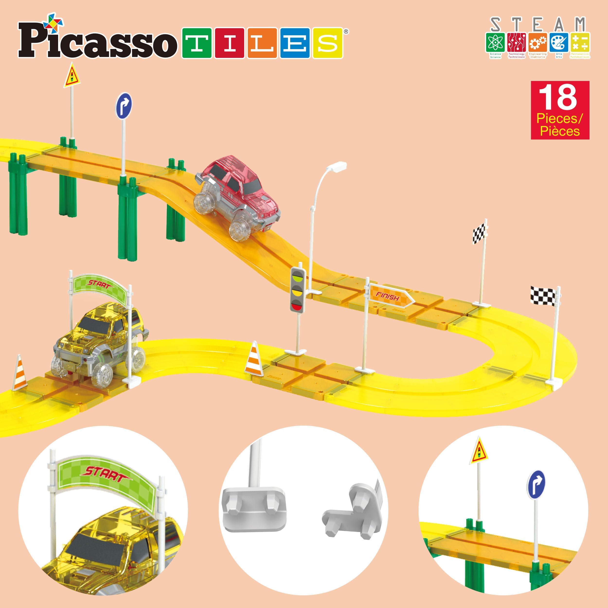 PicassoTiles PTR01 Magnetic Race Track Add-On - 18pc Traffic Sign & Stabilizer Set