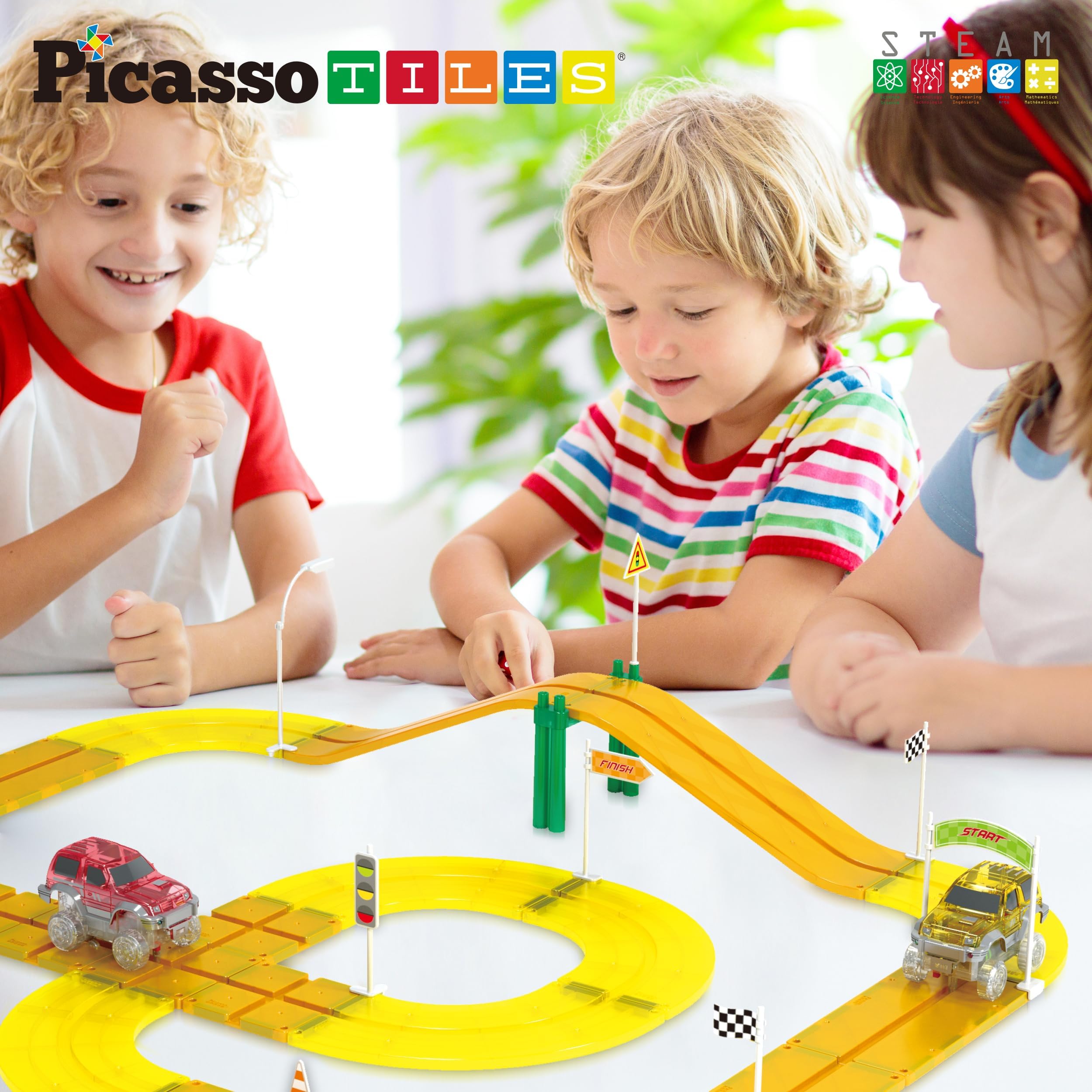 PicassoTiles PTR01 Magnetic Race Track Add-On - 18pc Traffic Sign & Stabilizer Set