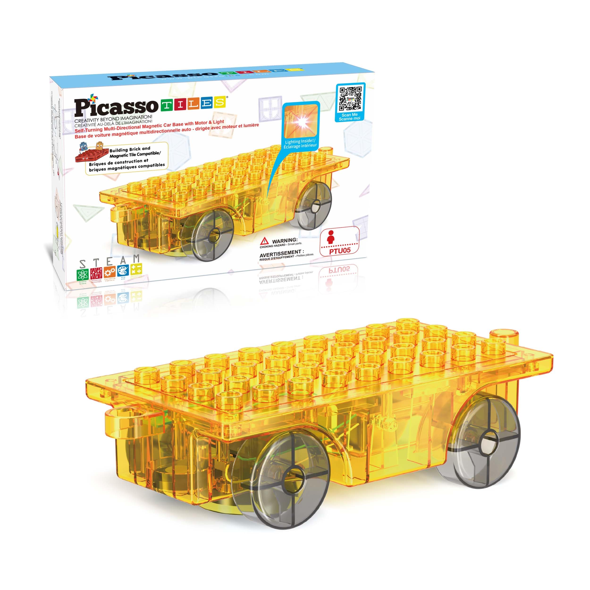 PicassoTiles PTU05 Motorized Car Base - 360° Omnidirectional Light-Up Truck for Magnetic Tile Play