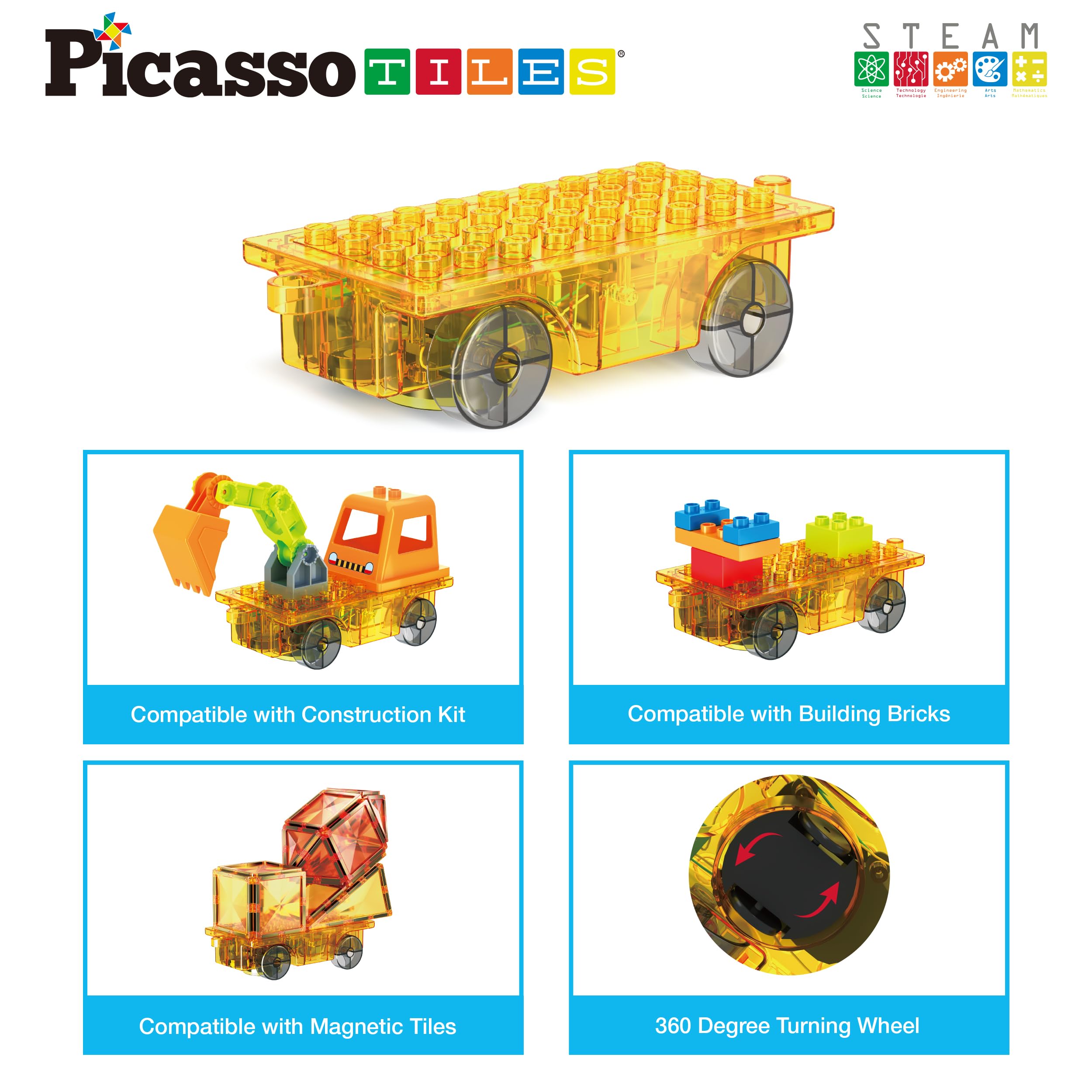 PicassoTiles PTU05 Motorized Car Base - 360° Omnidirectional Light-Up Truck for Magnetic Tile Play
