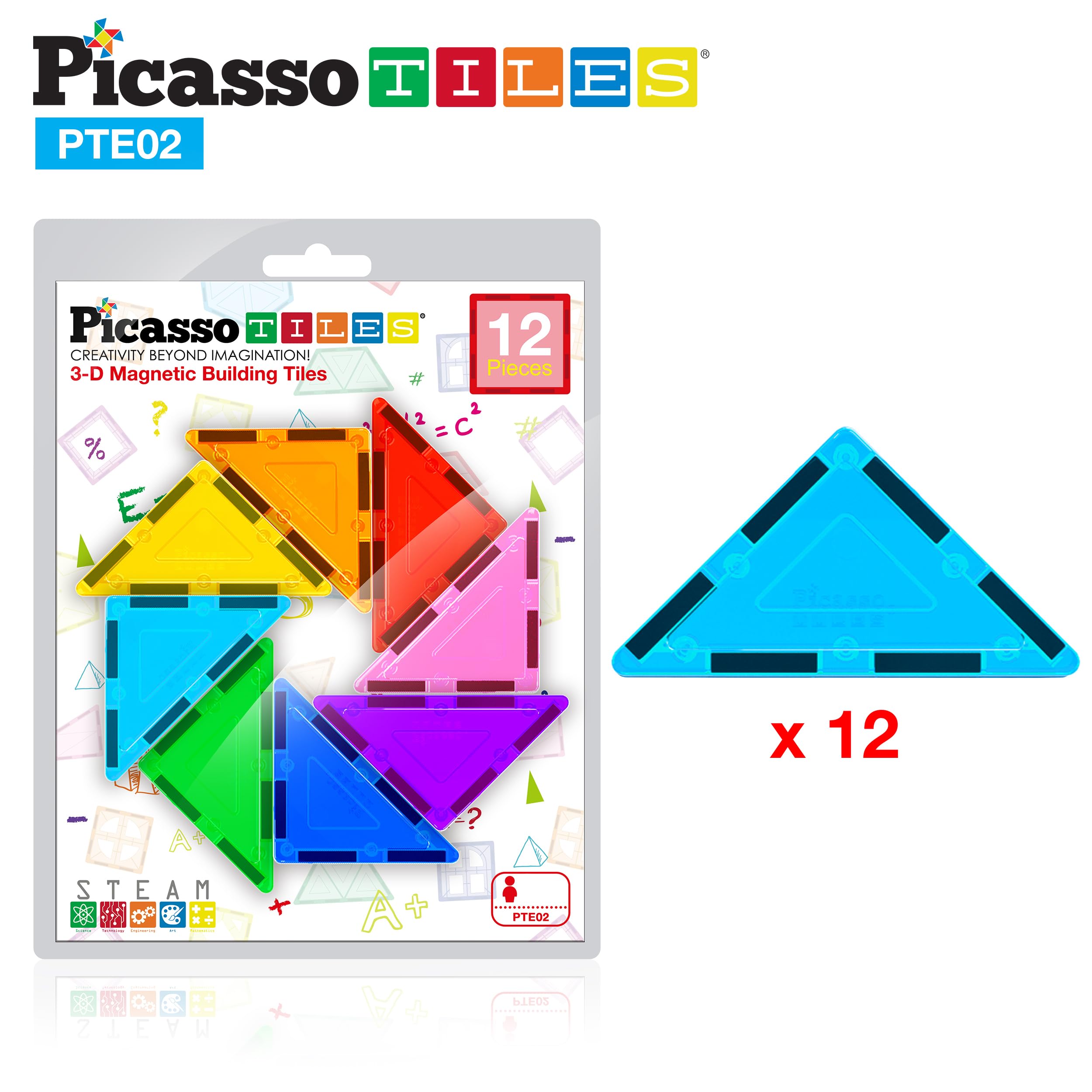 PicassoTiles Right Triangle Magnet Tiles (12-Piece) – STEM Building Block Expansion Pack
