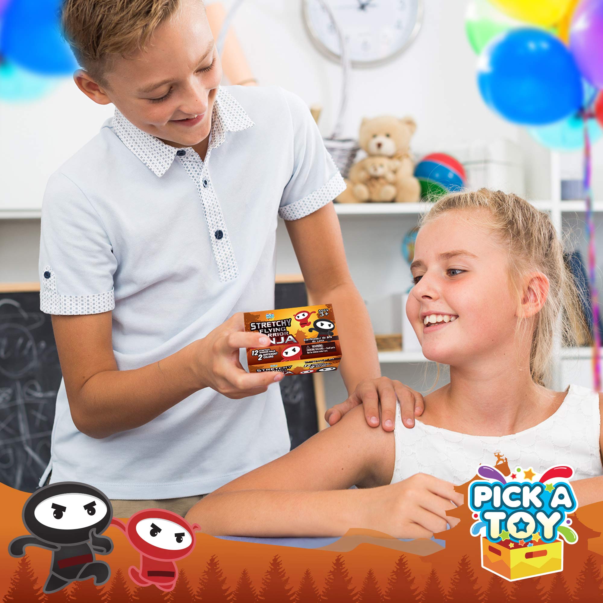 PICK A TOY Stretchy Flying Ninja Slingshot 12-Pack – Sticky Party Favors for Kids Ages 3+, BPA-Free, Washable