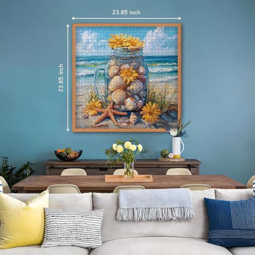PICKFORU 1000-Piece Beach Puzzle – Seashell Jar with Sunflowers & Starfish, Coastal Summer Jigsaw for Adults