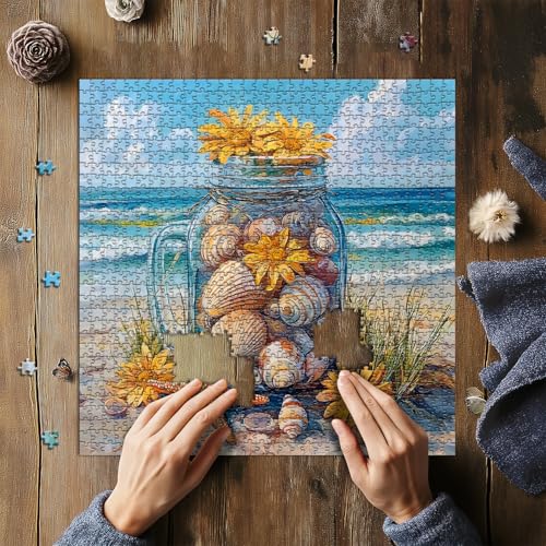 PICKFORU 1000-Piece Beach Puzzle – Seashell Jar with Sunflowers & Starfish, Coastal Summer Jigsaw for Adults