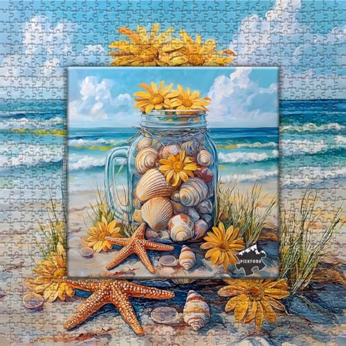 PICKFORU 1000-Piece Beach Puzzle – Seashell Jar with Sunflowers & Starfish, Coastal Summer Jigsaw for Adults