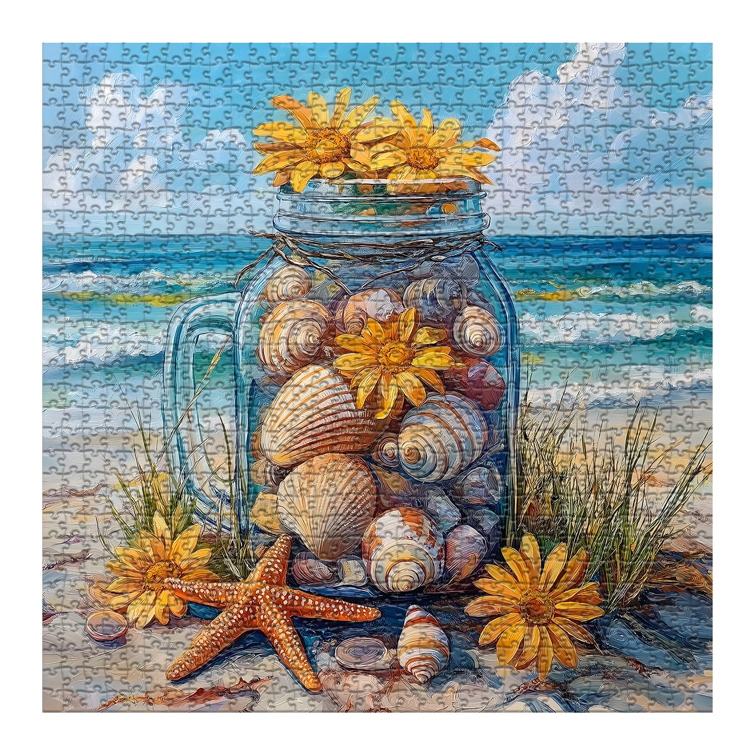 PICKFORU 1000-Piece Beach Puzzle – Seashell Jar with Sunflowers & Starfish, Coastal Summer Jigsaw for Adults