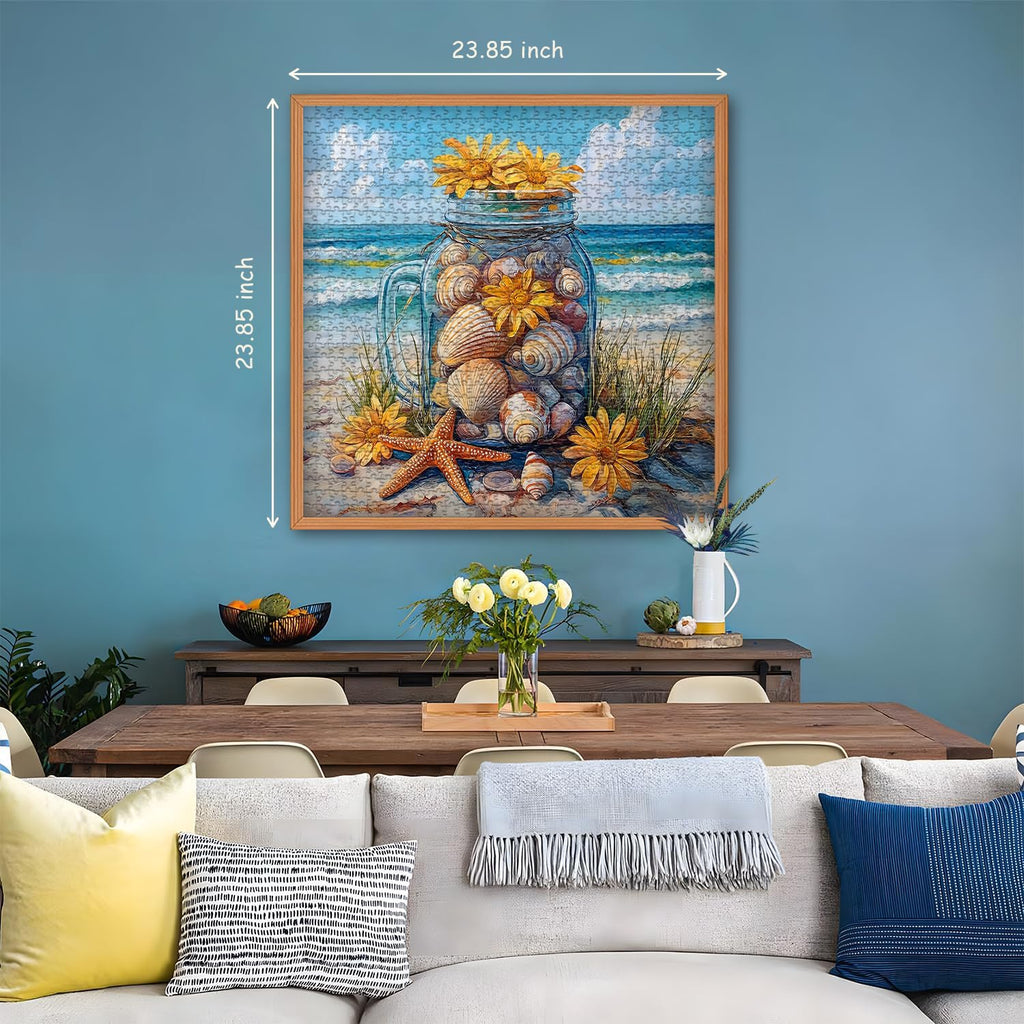 PICKFORU 1000-Piece Beach Puzzle – Seashell Jar with Sunflowers & Starfish, Coastal Summer Jigsaw for Adults